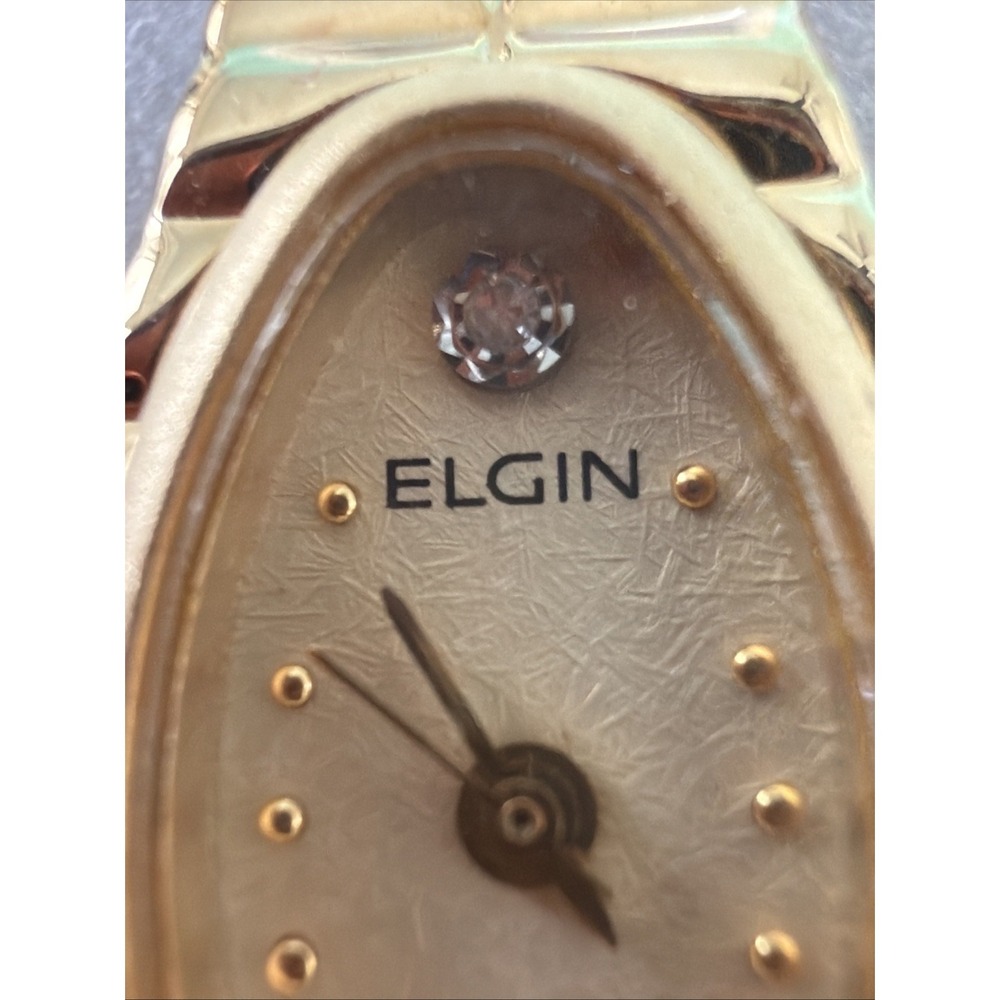 Vintage Elgin Diamond Ladies Watch Oval Textured Dial Gold Tone Stretch Band NEW - Picture 8 of 15